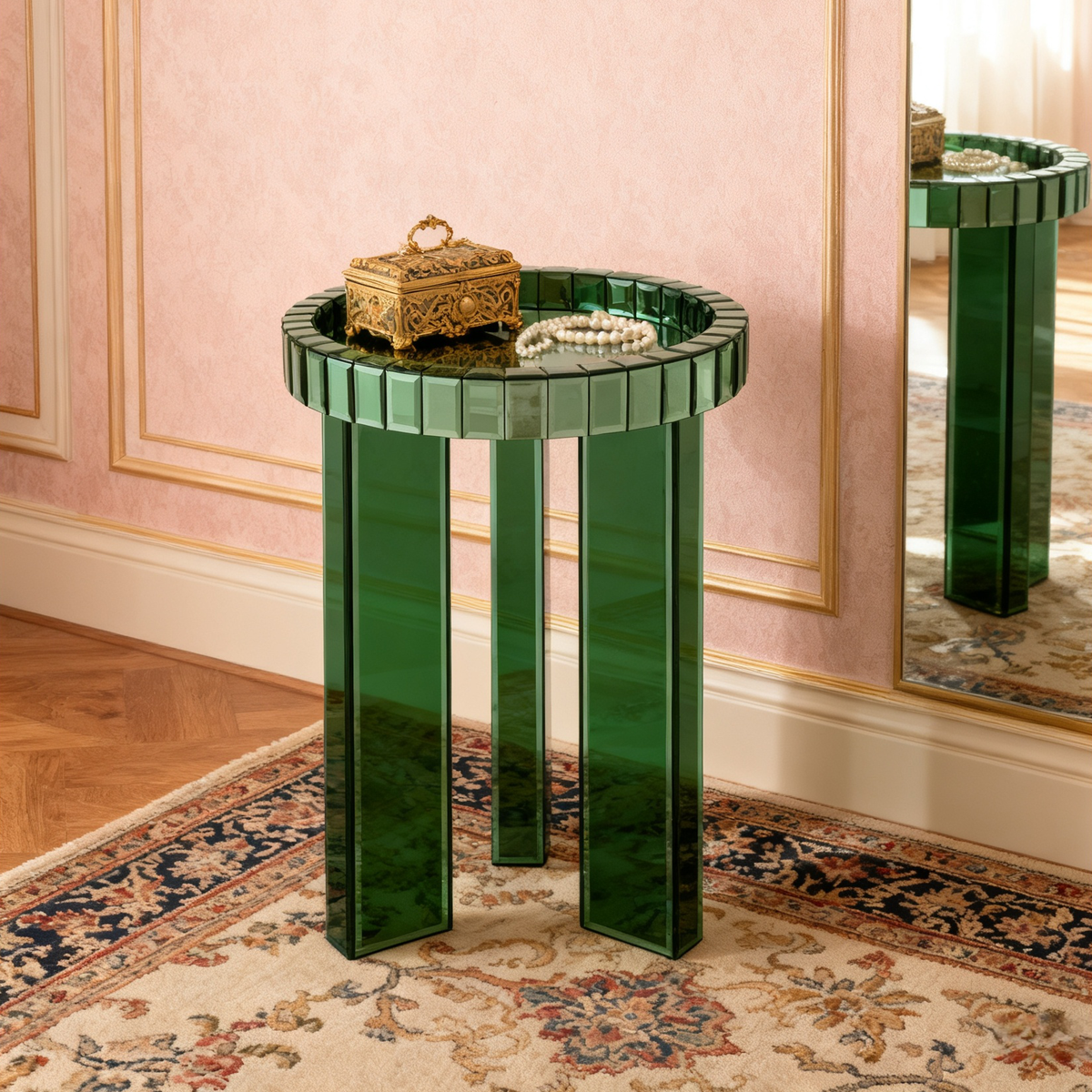 Mesa auxiliar redonda con espejo verde y tres patas
