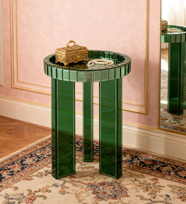 Mesa auxiliar redonda con espejo verde y tres patas