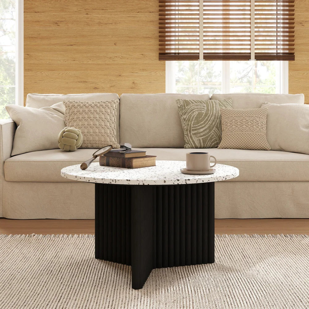 Modern Round Coffee Table with Ribbed Black Base – Minimalist Living Room Accent
