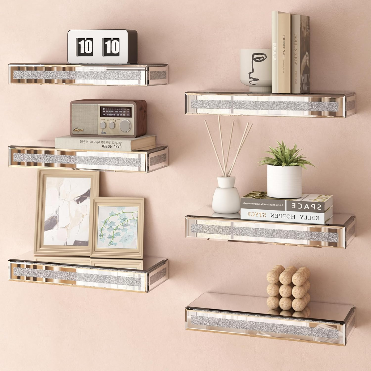 Juego de 6 estantes flotantes con espejo para pared, estantes de almacenamiento de vidrio con purpurina para pared