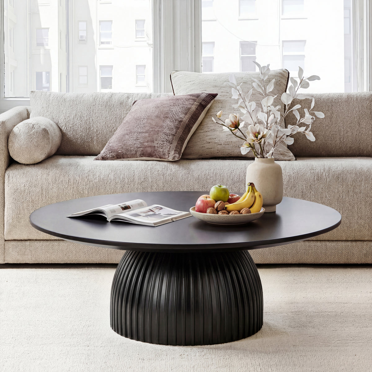 Classical Black Round Coffee Table Solid Wood Base