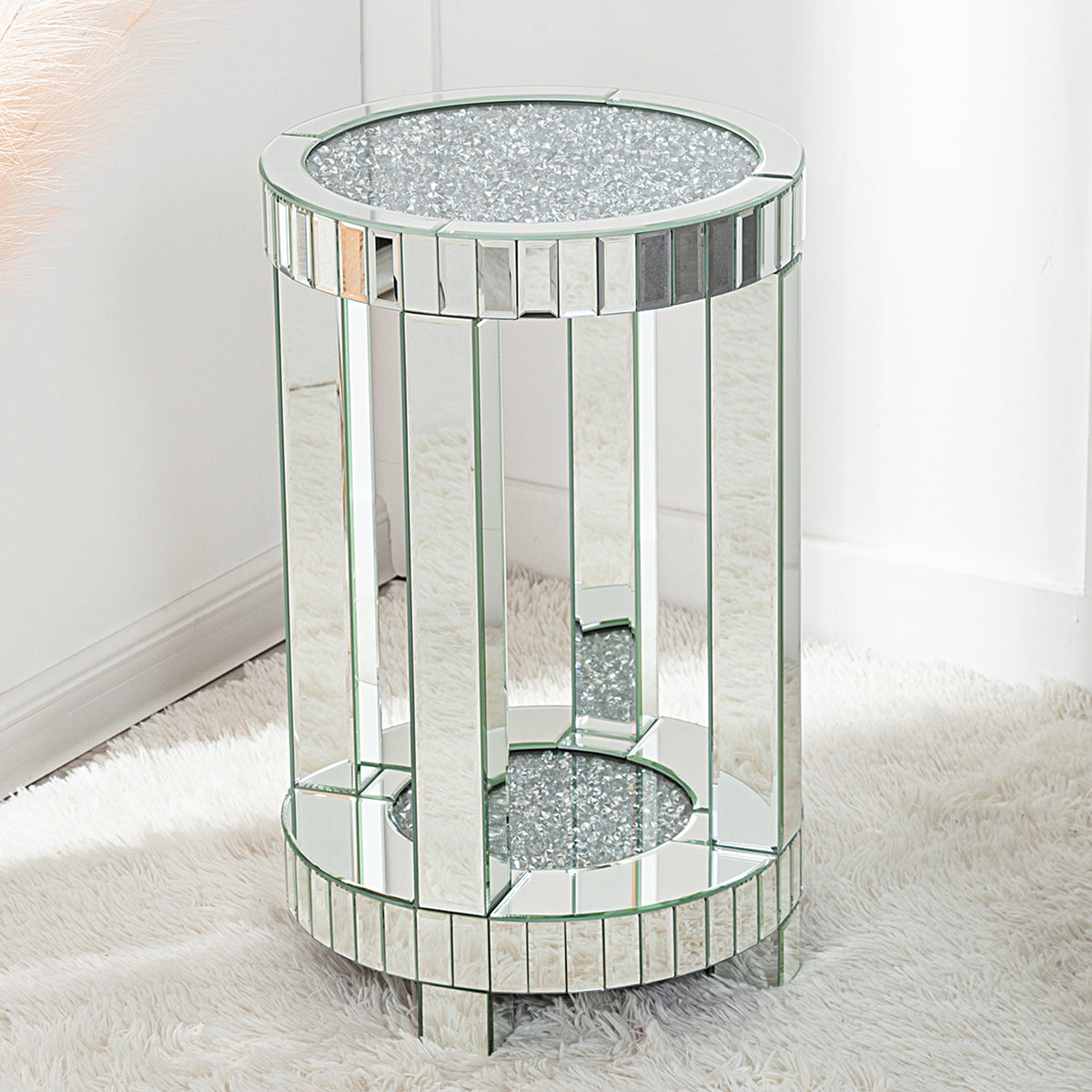 Mirrored End Table with Crystal Inlay, Round Modern Side Table Silver Accent Table