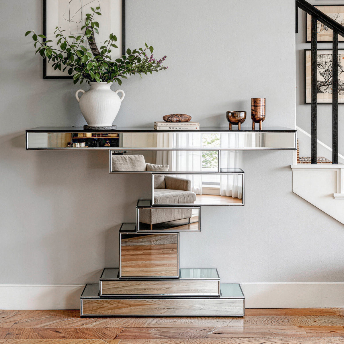 Modern Mirrored Tiered Console Table Entryway Table