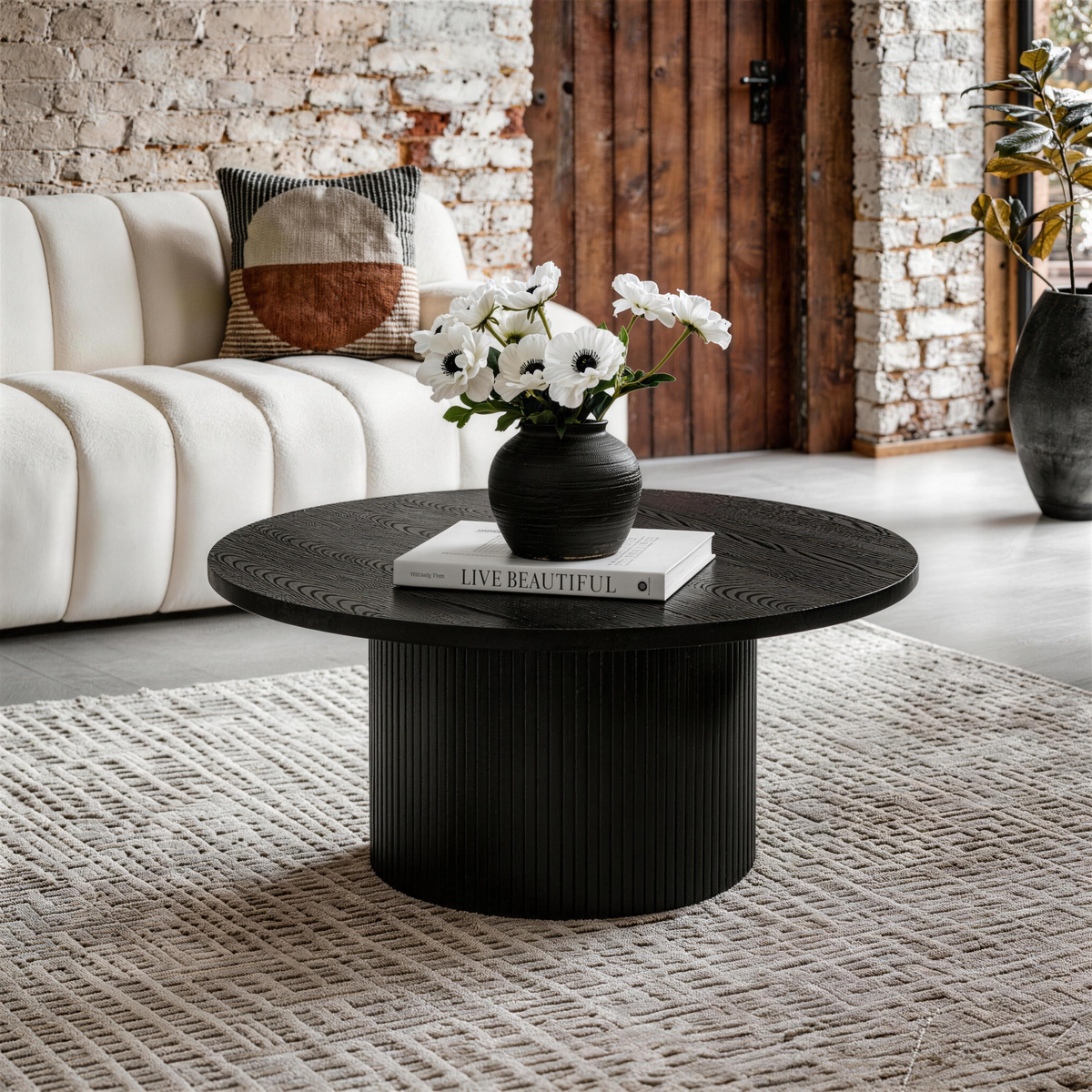 Black Round Coffee Table with Solid Wood Circle Pedestal Table