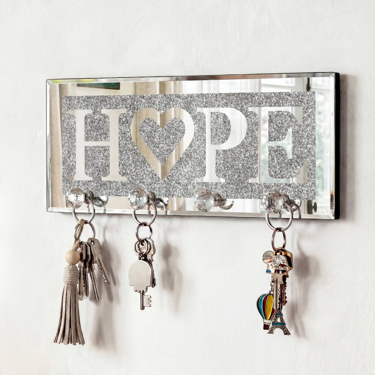 Llavero HOPE con efecto espejo, ganchos de cristal y decoración de pared en espejo plateado brillante