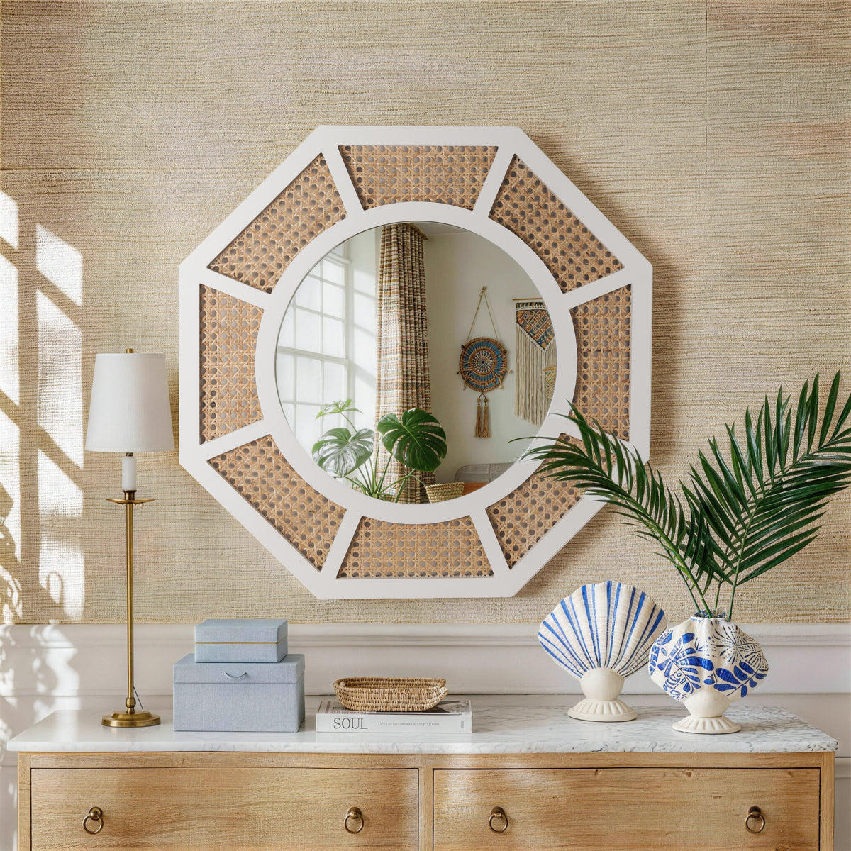 Espejo de ratán grande para decoración de pared Boho Marco blanco de madera