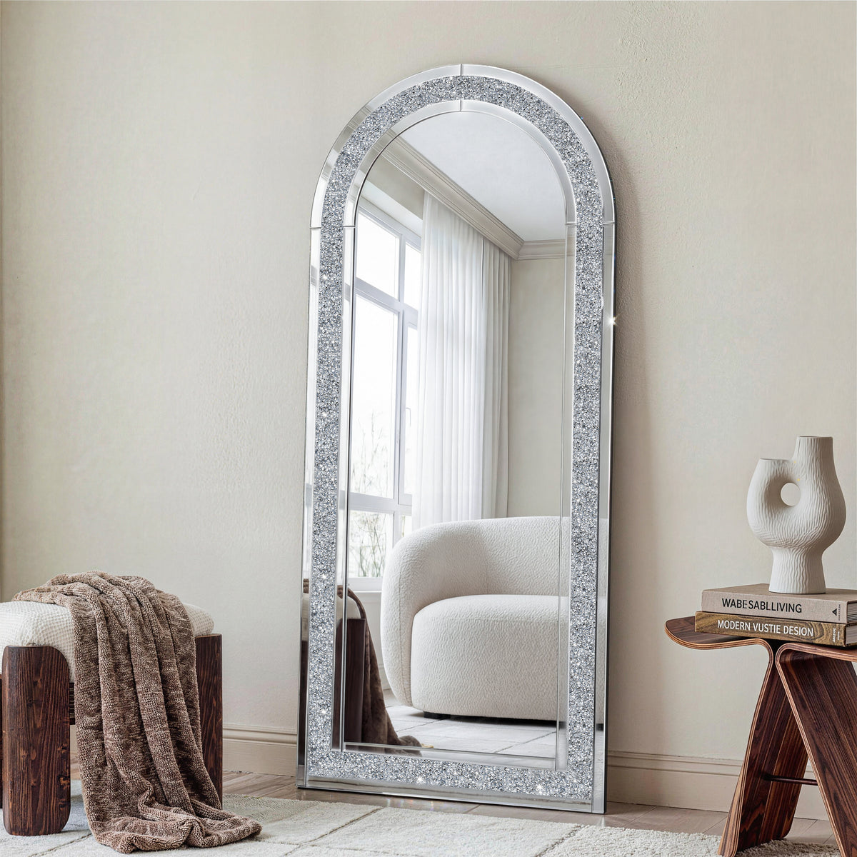 SHYFOY Glass Framed Arched-Top Floor Mirror with Crushed Diamond