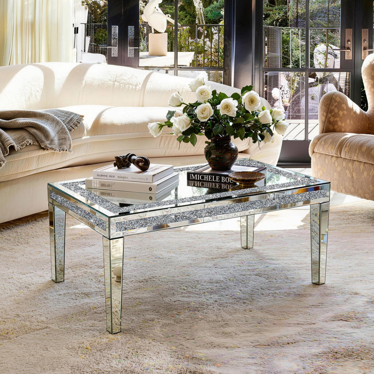 SHYFOY Couchtisch mit Spiegel und Kristall-Intarsien, modernes Design