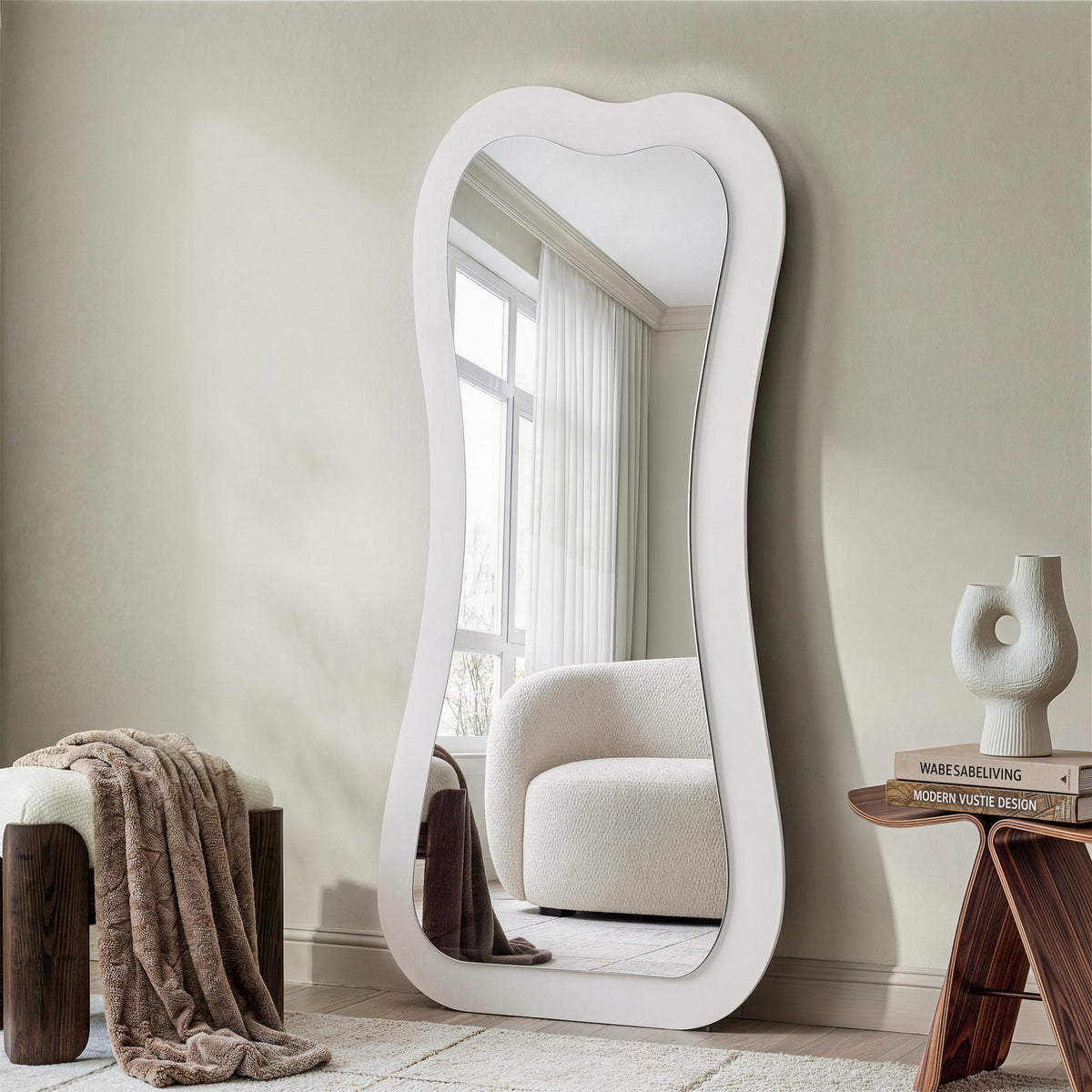 Modern Creative White Wood Floor Mirror with LED Home Furniture