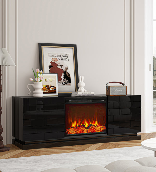 Mueble de TV Moderno con Chimenea Eléctrica, Consola de Entretenimiento Negra Brillante de 63"
