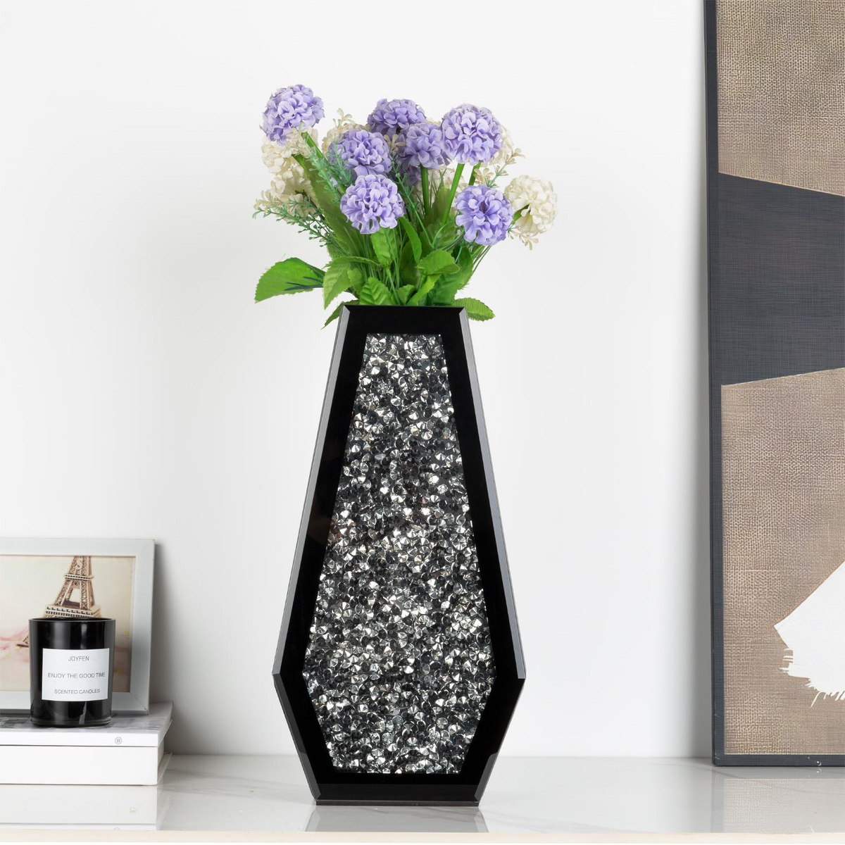 Schwarze Vasen aus zerstoßenem Diamant mit Spiegeloptik – Wohnaccessoires