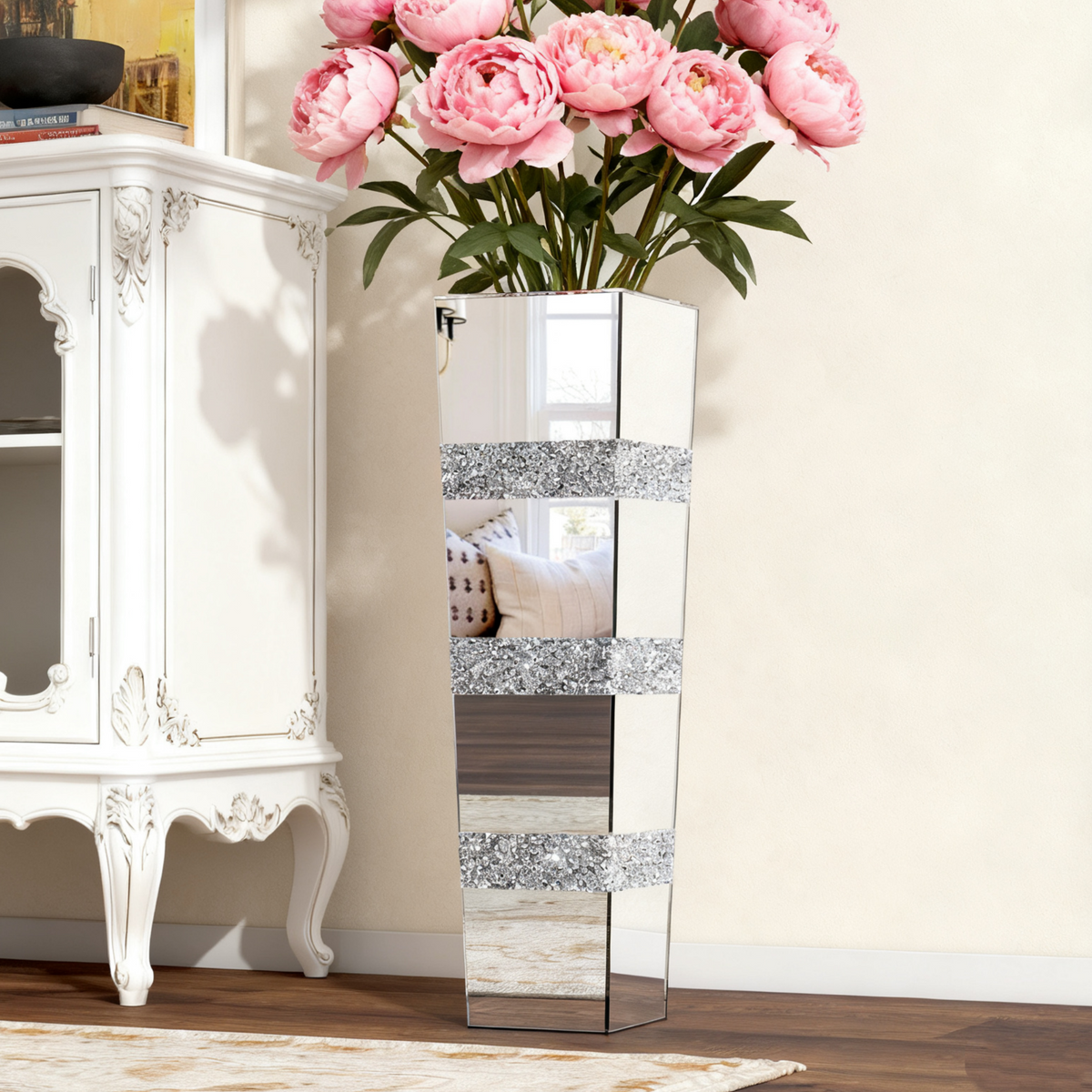 Mirrored Tall Floor Vase,  Large Crushed Diamond Floor Vase