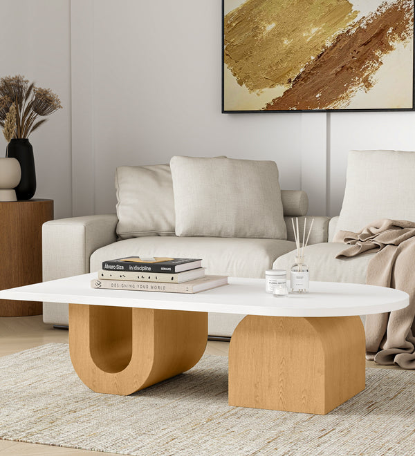 Modern Oval Coffee Table, Sculptural Wood Base Center Table with White Top