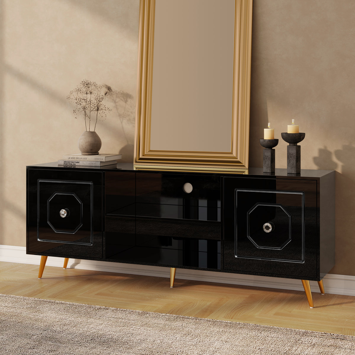 SHYFOY Mueble de TV Moderno Negro Consola Multimedia Con Cajones