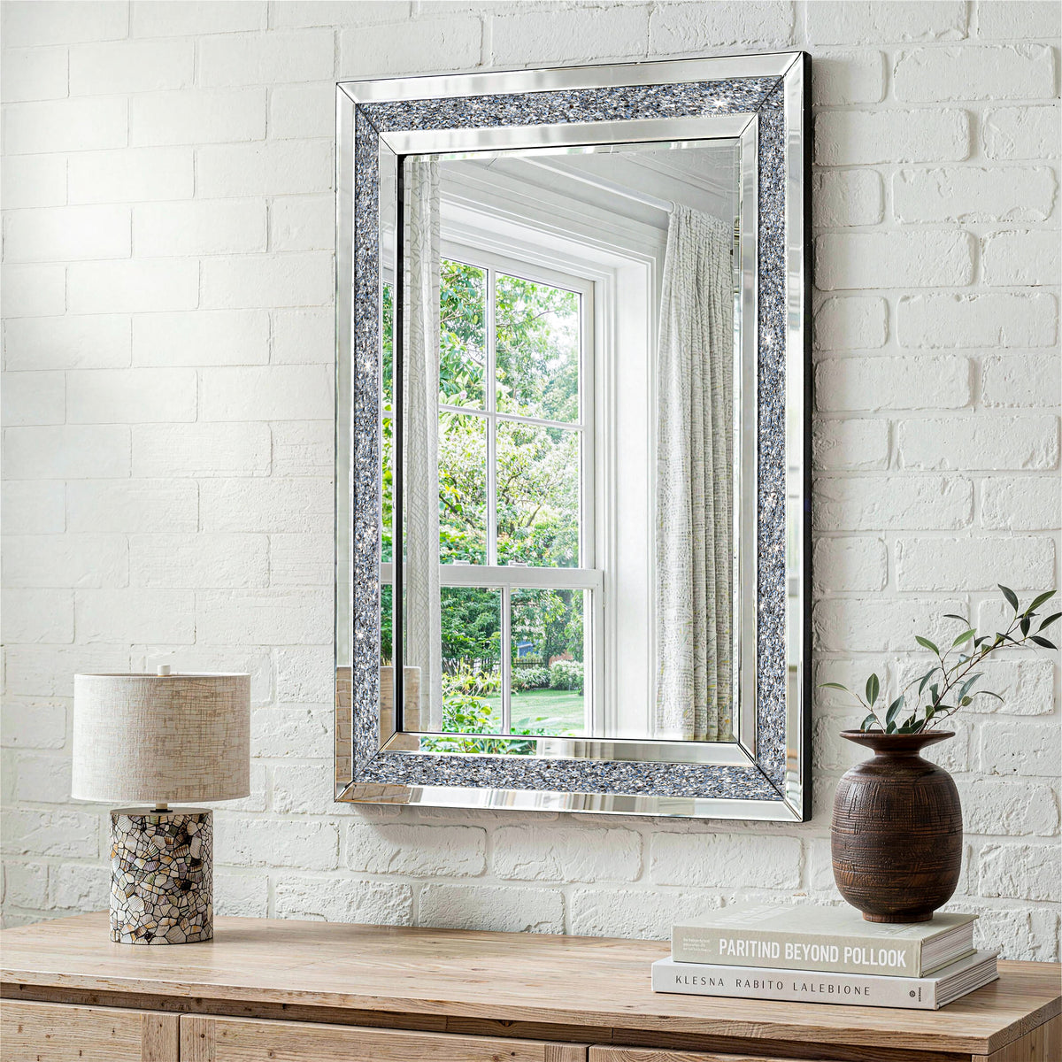 Espejo decorativo de pared, espejos con diamantes triturados y cristal