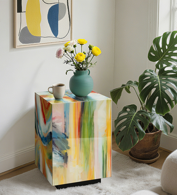 Mesa auxiliar de cristal con graffiti de arte abstracto