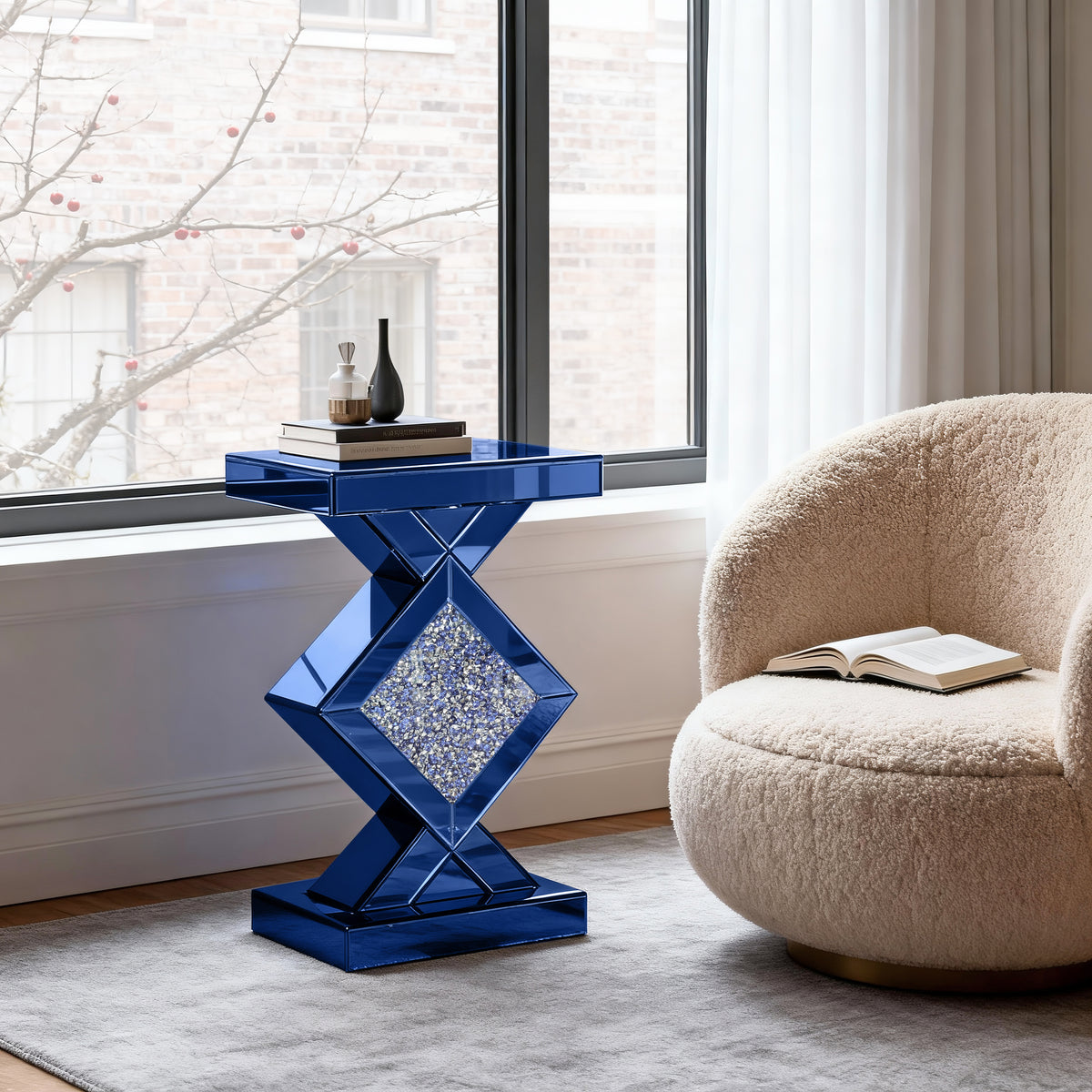 Blue Tall Mirrored Glass Pedestal End Table