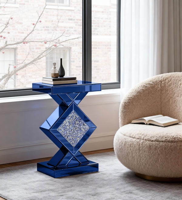 Blue Tall Mirrored Glass Pedestal End Table