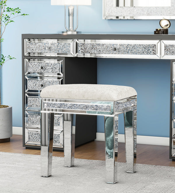 White Mirror Diamond Vanity Stool with Velvet Upholstered Seat