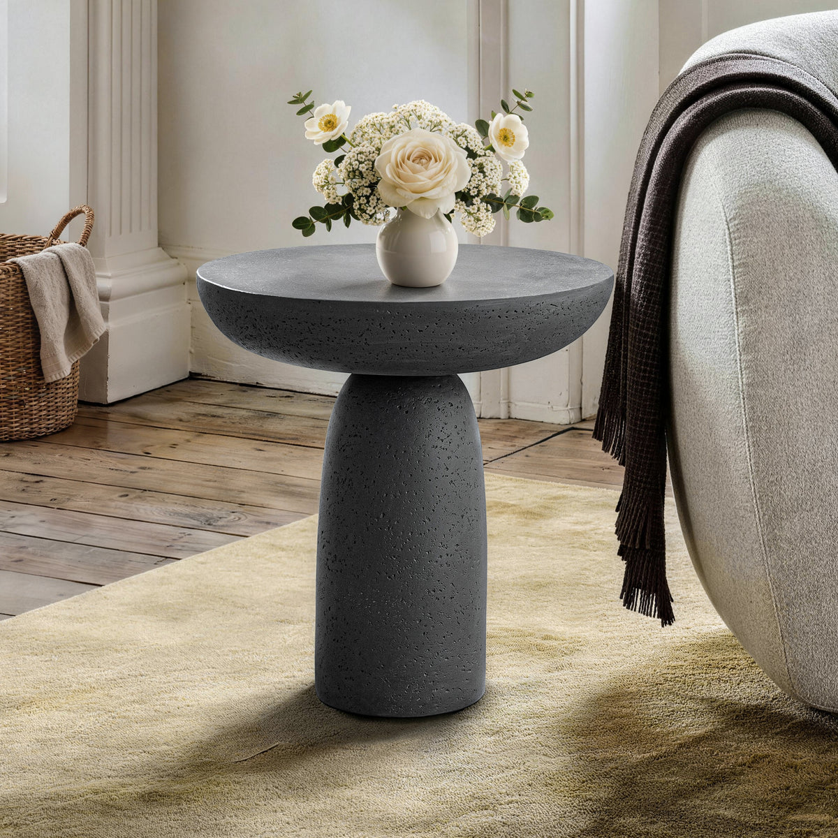 Black Round Cement Pedestal End Table, Indoor/Outdoor Side Table