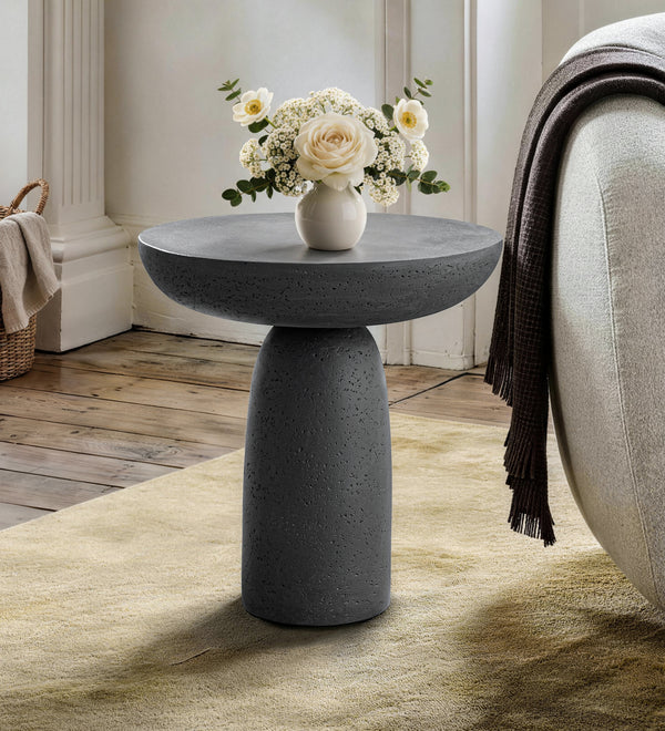Black Round Cement Pedestal End Table, Indoor/Outdoor Side Table