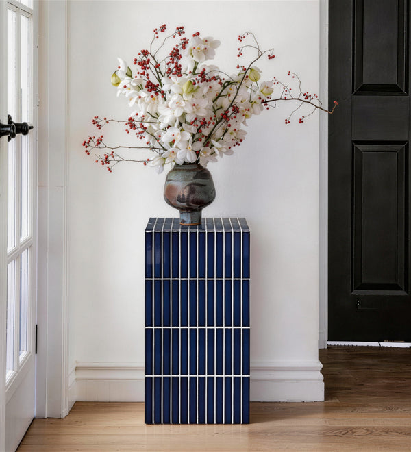 Blue Tiled Modern Square Accent End Table, Unique Stand