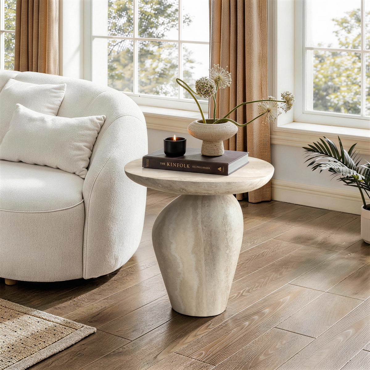 Unique Round End Table, Asymmetrical Pebble Design, Faux Marble Pattern