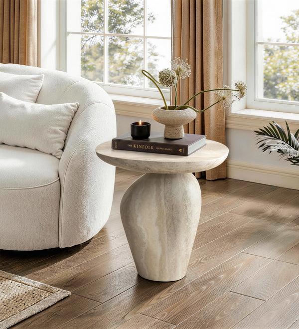 Unique Round End Table, Asymmetrical Pebble Design, Faux Marble Pattern