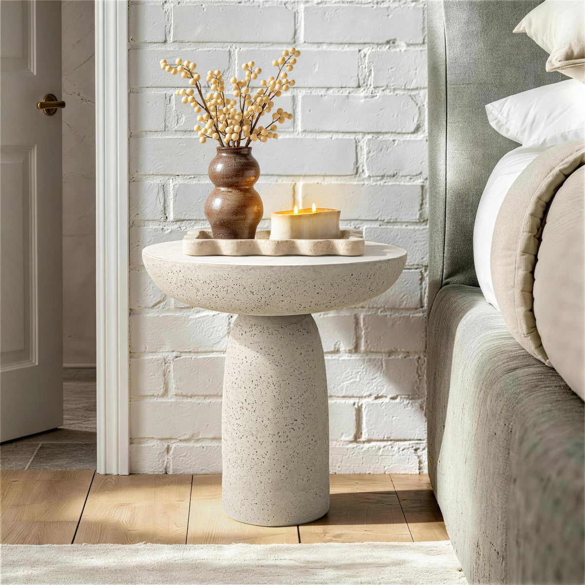 White Round Cement Pedestal End Table