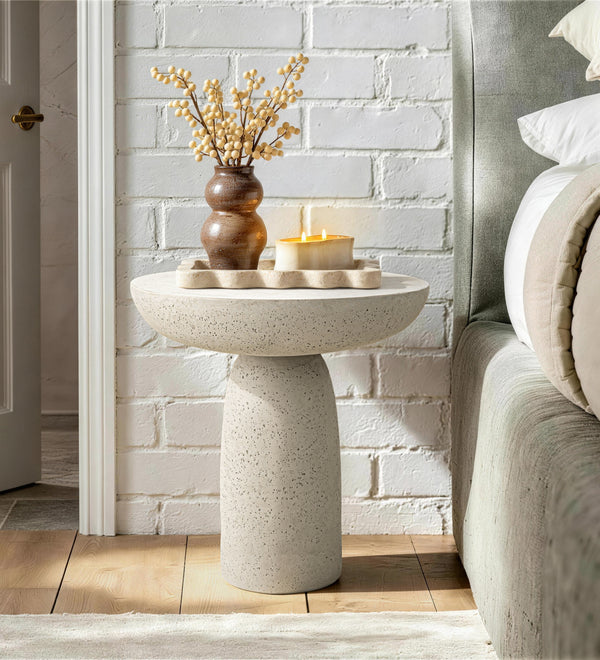 White Round Cement Pedestal End Table