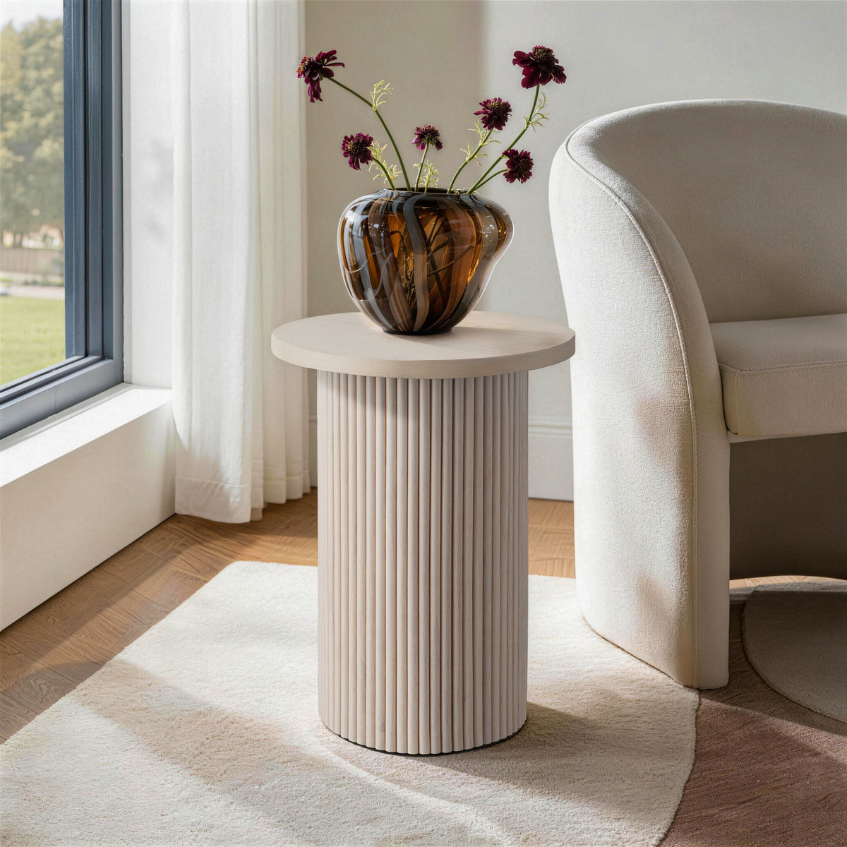 White Solid Wood End Table, Modern Drum End Table, 17 inch Wide Accent Table