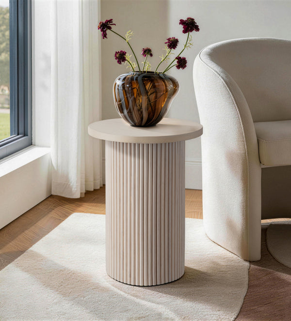 White Solid Wood End Table, Modern Drum End Table, 17 inch Wide Accent Table