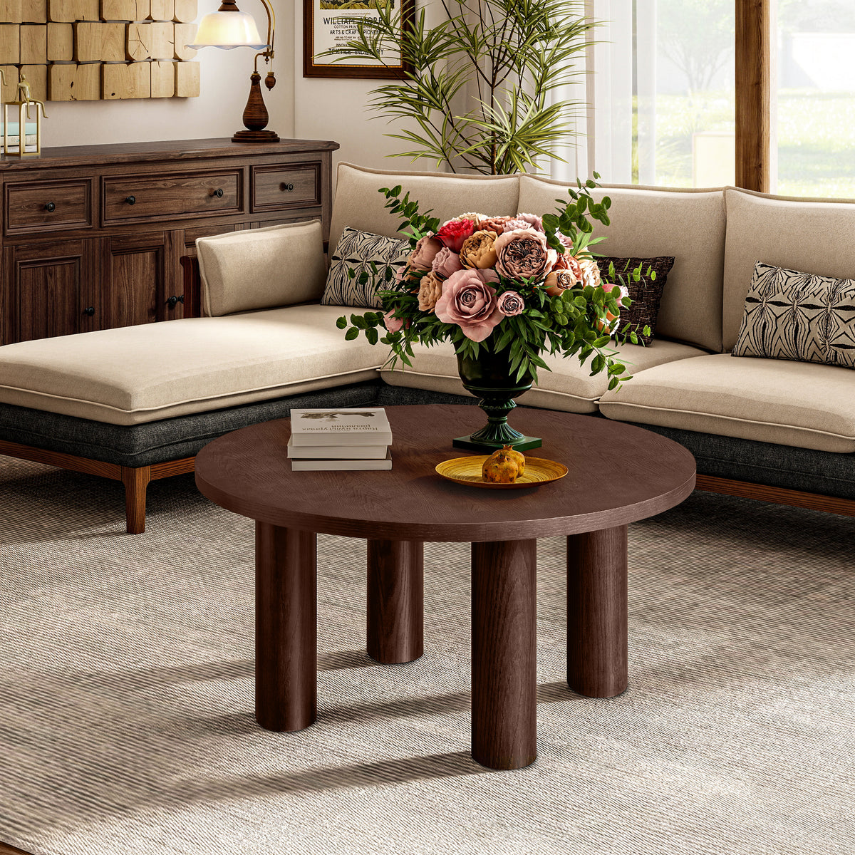 Mesa de centro redonda moderna con patas de madera maciza - Elegante pieza central para sala de estar