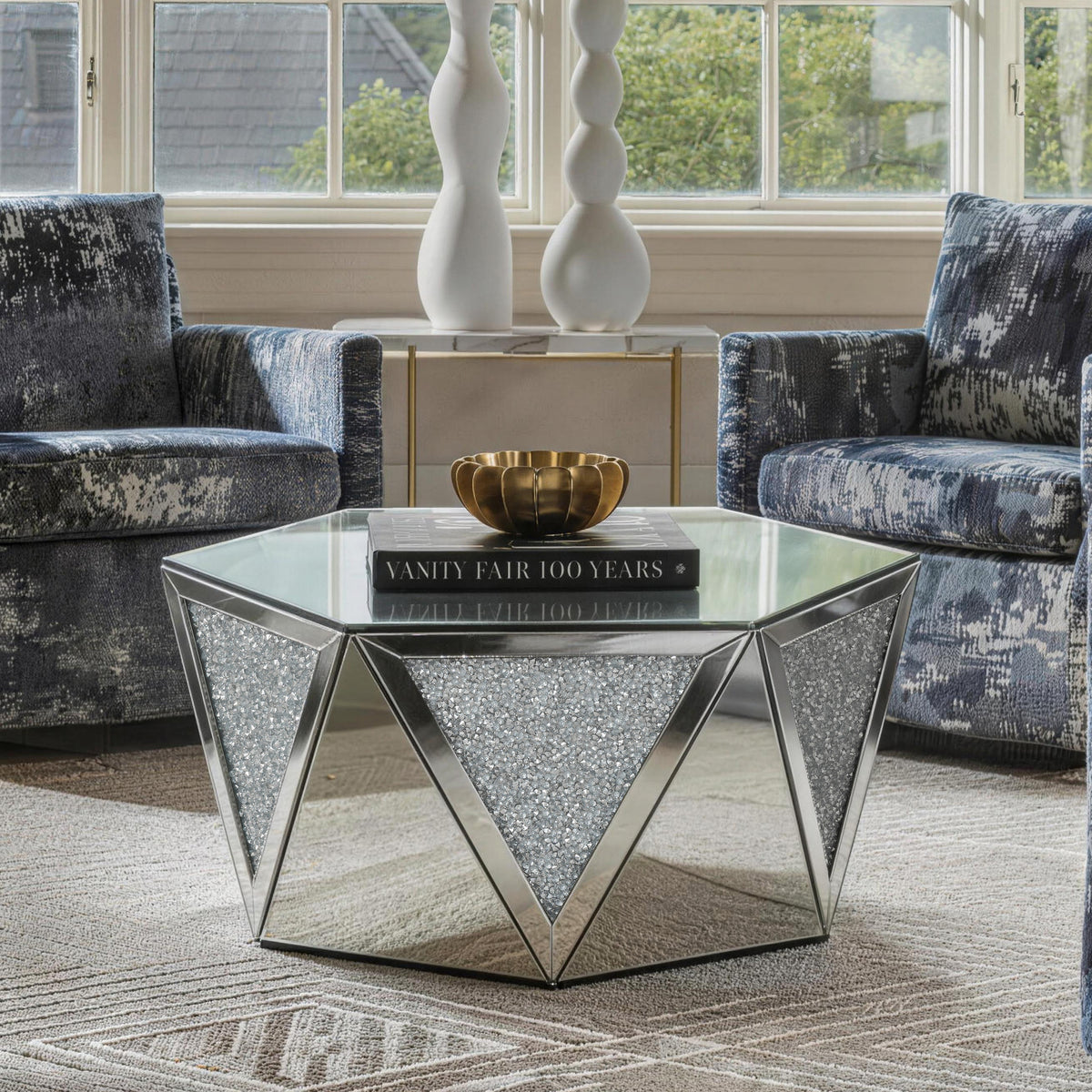 Luxury Mirrored Crystal Coffee Table with Geometric Glass Design
