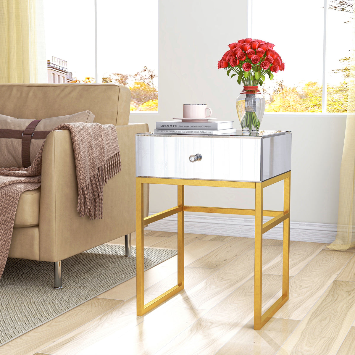 Mesa auxiliar de espejo con patas doradas, mesa auxiliar rectangular con cajón