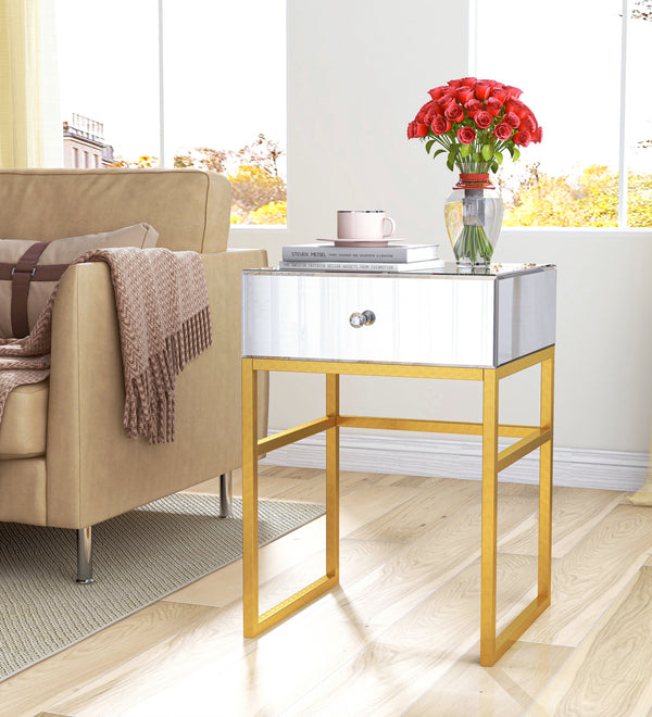 Mesa auxiliar de espejo con patas doradas, mesa auxiliar rectangular con cajón