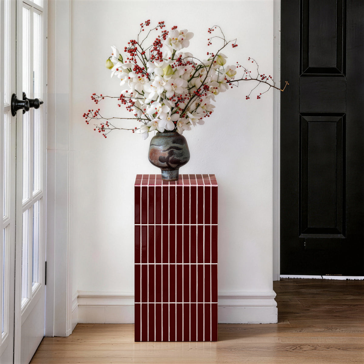 Red Tiled Modern Square Accent End Table, Unique Stand