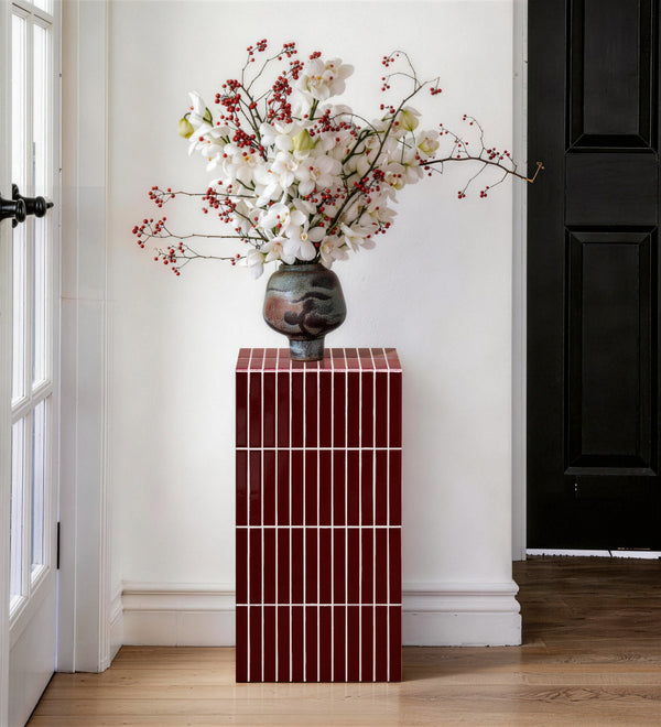 Red Tiled Modern Square Accent End Table, Unique Stand