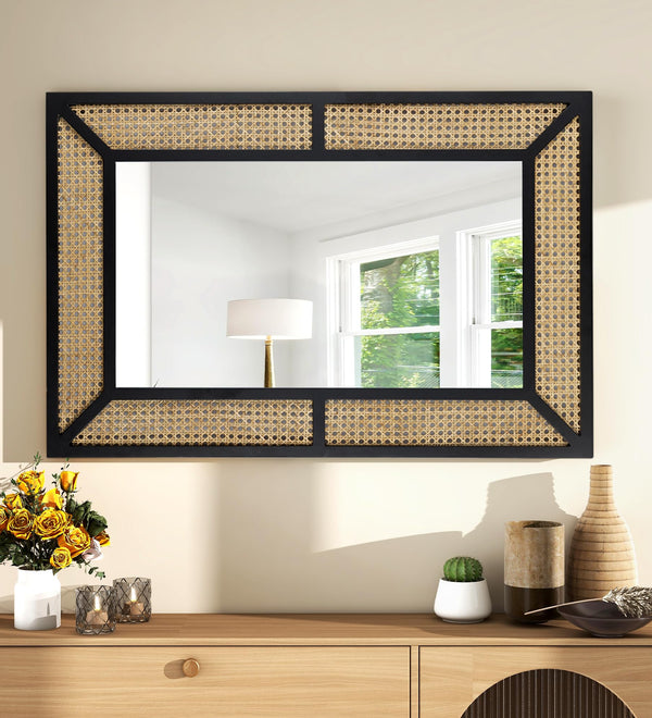 Rattanspiegel für Wanddekoration, böhmisch, rechteckig, groß
