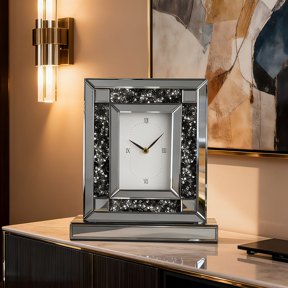 Black Mirrored Crushed Diamond Table Clock