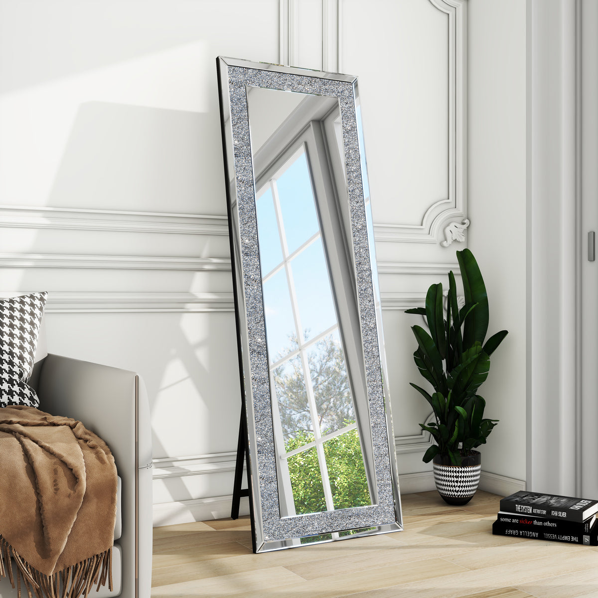 Espejo de Suelo Rectangular de Cristal con Acentos de Diamantes