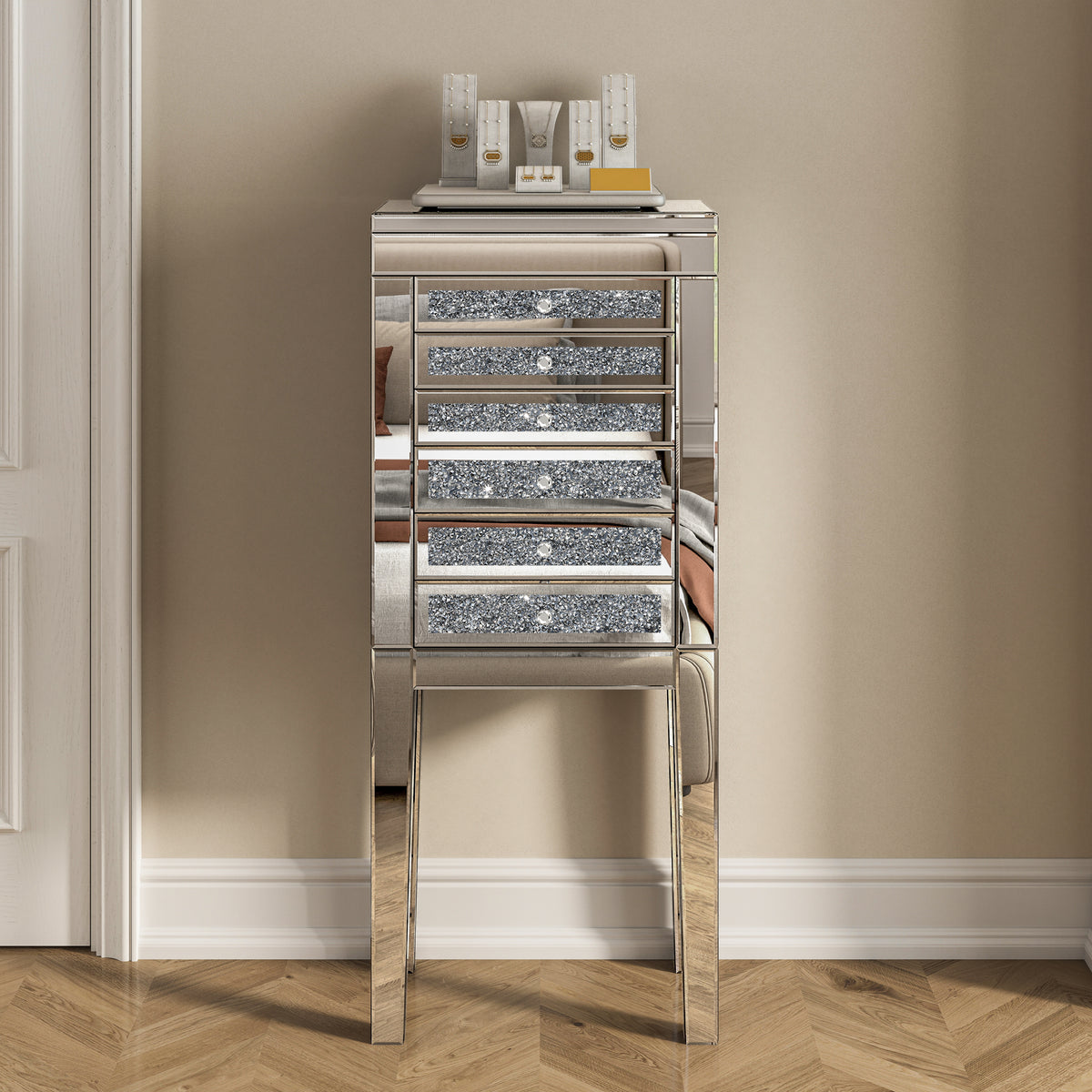 Mirrored Glass Jewelry Armoire with Crushed Diamond Inlay