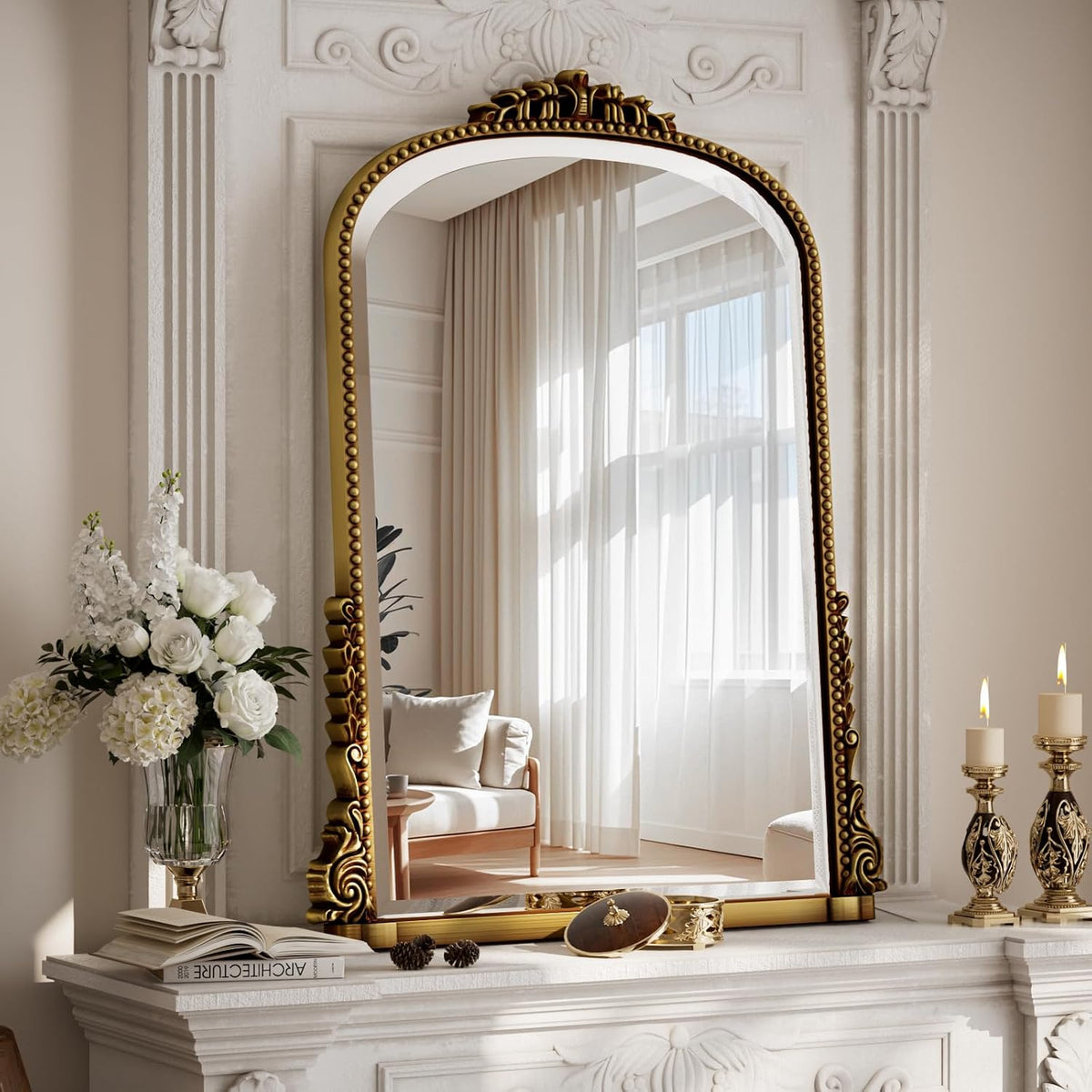 24" x 32" Gold Arched Wall Mirror with Vintage Carving