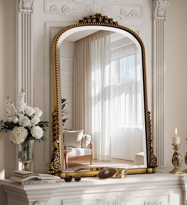 24" x 32" Gold Arched Wall Mirror with Vintage Carving