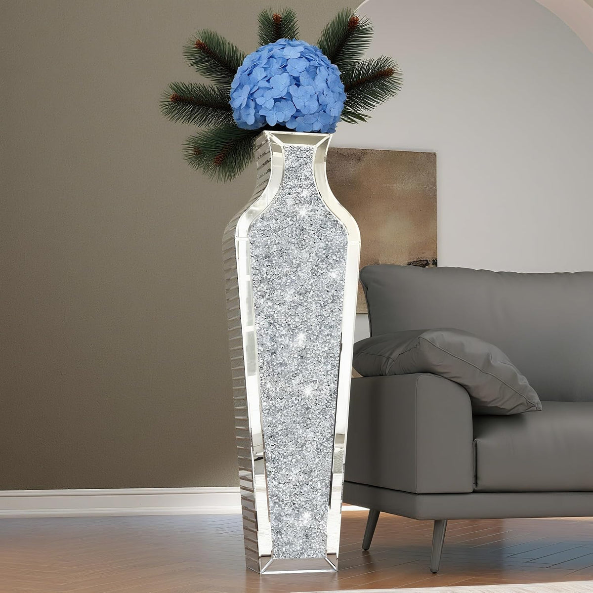 SHYFOY 43" Extra Large Floor Vase Oversized Crushed Diamond Mirrored Vase Silver Big Crystal Vases for Home Decor Living Room Floor