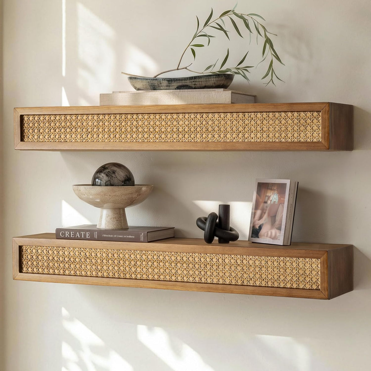 blingworld Rattan Wall Shelves, Set of 2, 31.5-Inch, Walnut