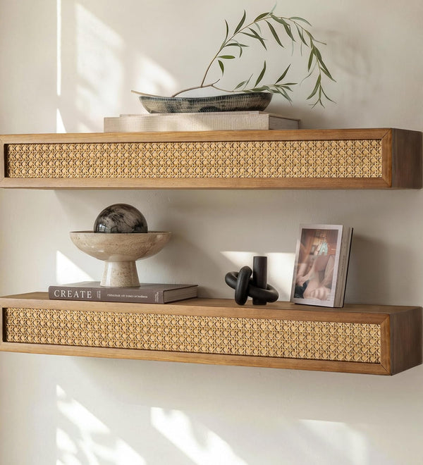 blingworld walnut-colored pine and rattan wall shelves, set of two