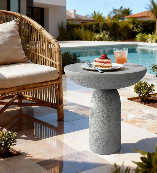 Mesa auxiliar de pedestal gris redonda alta, mesa auxiliar moderna de reloj de arena con textura de piedra