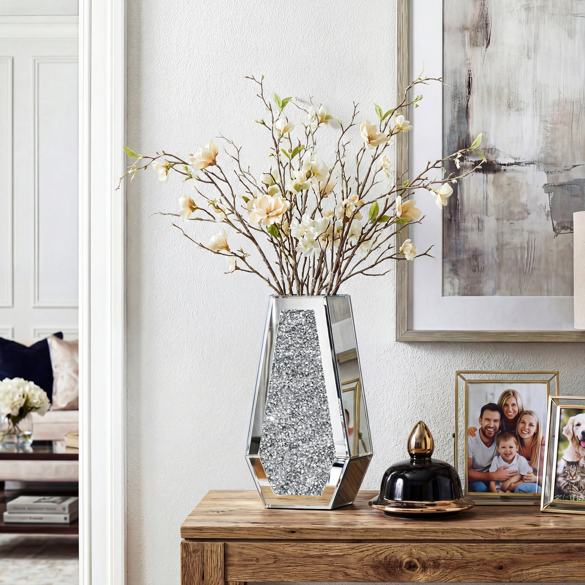 Moderne Kristall-Dekospiegelvasen Atemberaubende Luxusblumen Heimdekor Silber