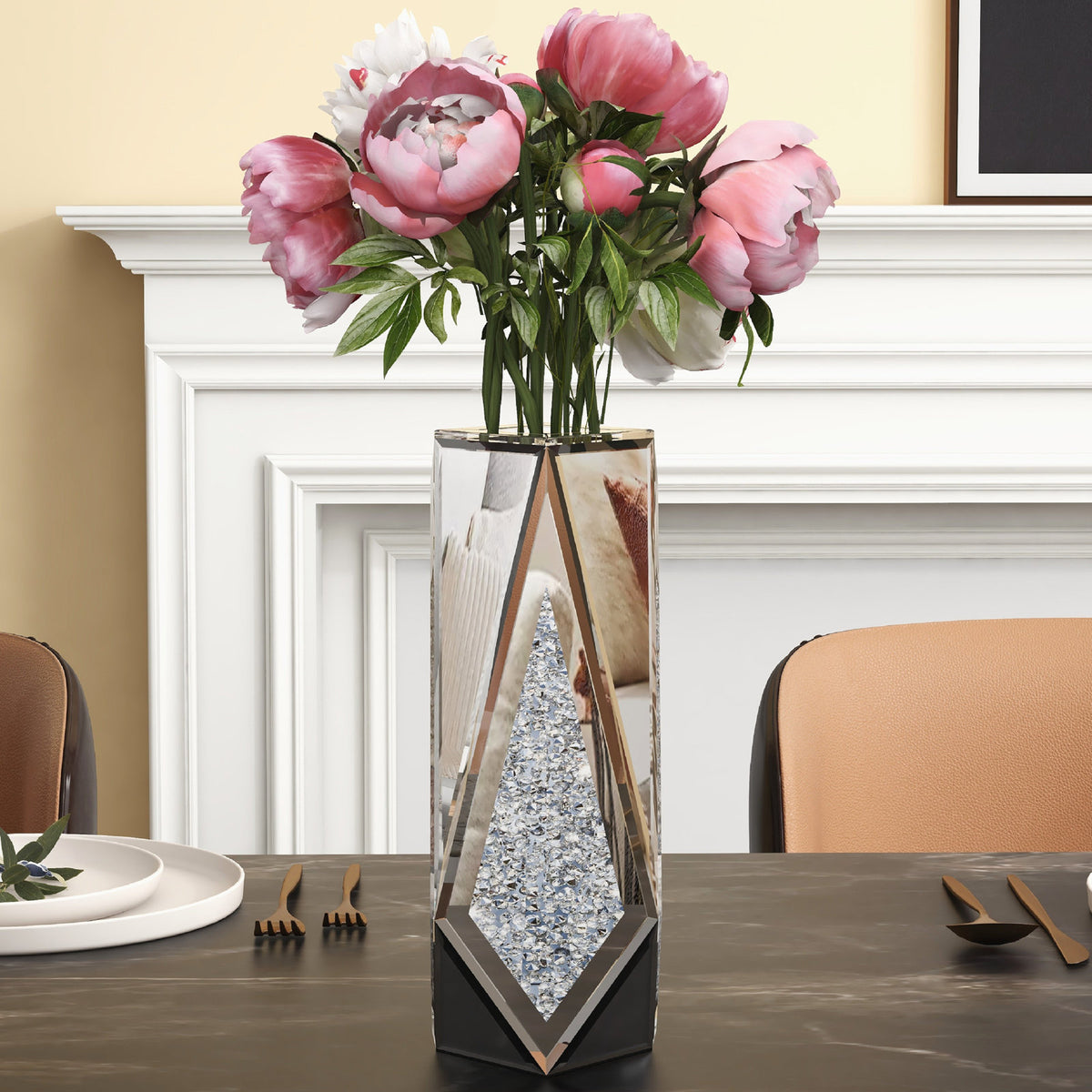 Silver Crystal Decorative Vase Glass Stunning Mirrored Vase Flower Luxury for Home Decor